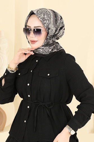 moda selvim Etnik Desen Eşarp Serisi 316AFV475 Füme - Thumbnail