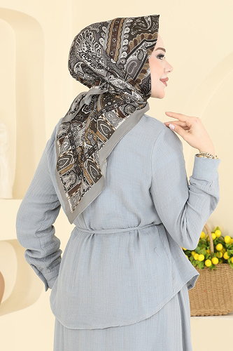 moda selvim Etnik Desen Eşarp Serisi 316AFV475 Gri - Thumbnail