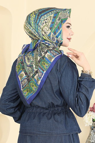 moda selvim Etnik Desen Eşarp Serisi 316AFV475 Saks - Thumbnail