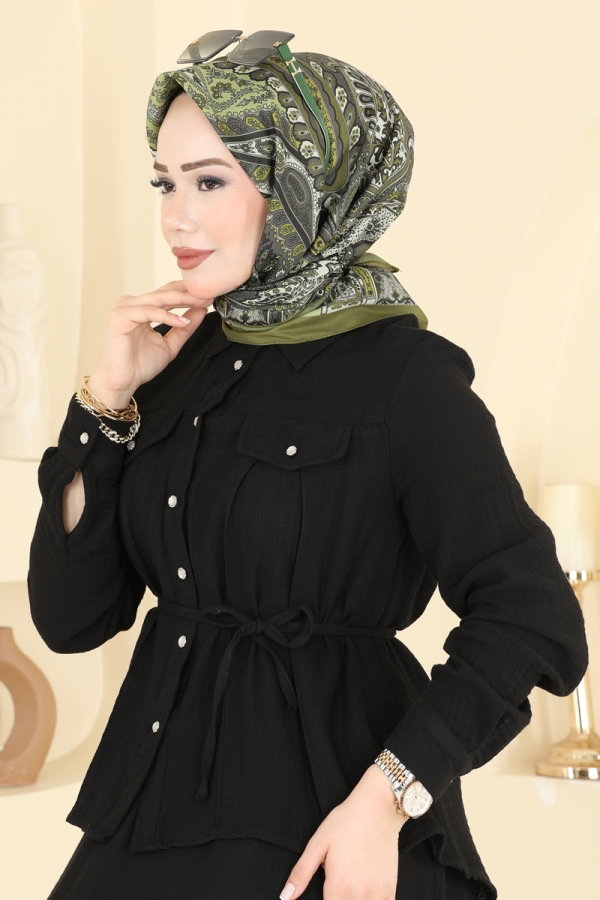 Modaselvim Eşarp Etnik Desen Eşarp Serisi 316AFV475 Yağ Yeşili