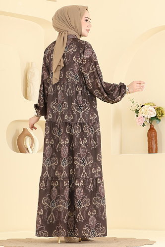 moda selvim Etnik Desen Jesika Elbise 885ART1138 Kahve - Thumbnail