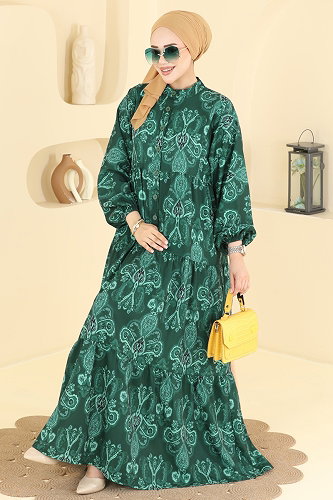 moda selvim Etnik Desen Jesika Elbise 885ART1138 Zümrüt - Thumbnail