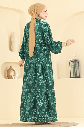 moda selvim Etnik Desen Jesika Elbise 885ART1138 Zümrüt - Thumbnail
