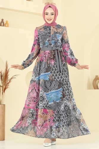 moda selvim Etnik Desen Şifon Elbise 5297AL357 Antrasit - Thumbnail