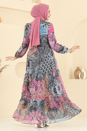 moda selvim Etnik Desen Şifon Elbise 5297AL357 Antrasit - Thumbnail