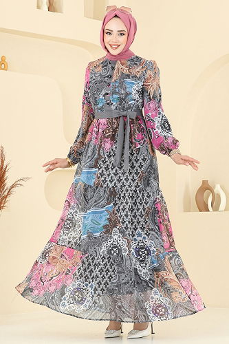 moda selvim Etnik Desen Şifon Elbise 5297AL357 Antrasit - Thumbnail