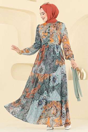 moda selvim Etnik Desen Şifon Elbise 5297AL357 Haki - Thumbnail