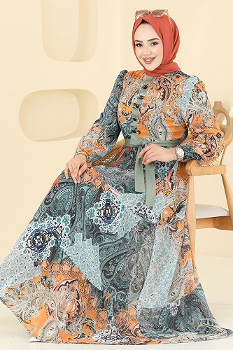 moda selvim Etnik Desen Şifon Elbise 5297AL357 Haki - Thumbnail