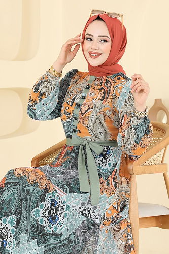 moda selvim Etnik Desen Şifon Elbise 5297AL357 Haki - Thumbnail