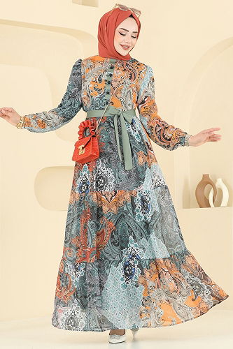 moda selvim Etnik Desen Şifon Elbise 5297AL357 Haki - Thumbnail