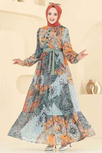 moda selvim Etnik Desen Şifon Elbise 5297AL357 Haki - Thumbnail