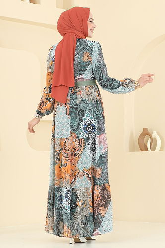 moda selvim Etnik Desen Şifon Elbise 5297AL357 Haki - Thumbnail