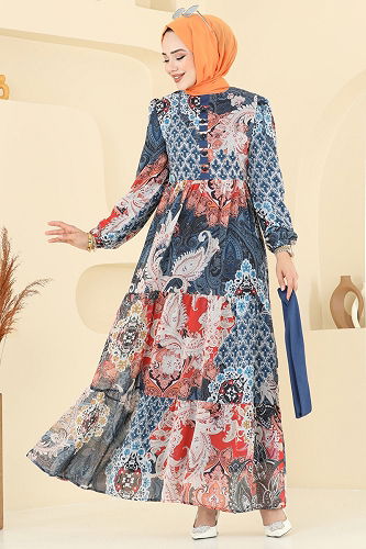 moda selvim Etnik Desen Şifon Elbise 5297AL357 Laci - Thumbnail