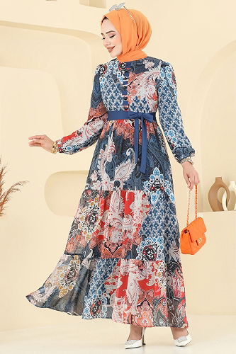 moda selvim Etnik Desen Şifon Elbise 5297AL357 Laci - Thumbnail