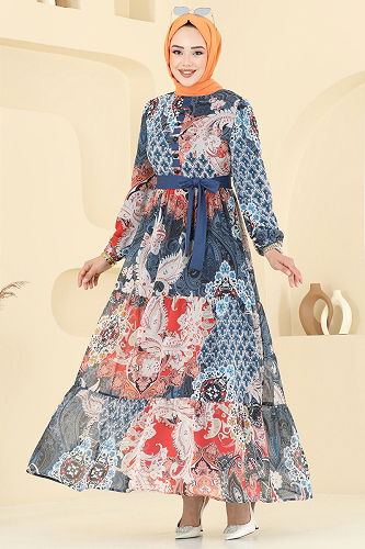 moda selvim Etnik Desen Şifon Elbise 5297AL357 Laci - Thumbnail