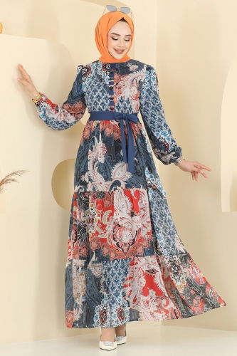 moda selvim Etnik Desen Şifon Elbise 5297AL357 Laci - Thumbnail