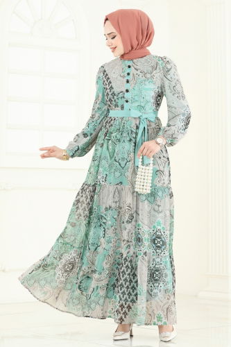 moda selvim Etnik Desen Şifon Elbise 5297AL357 Mint - Thumbnail