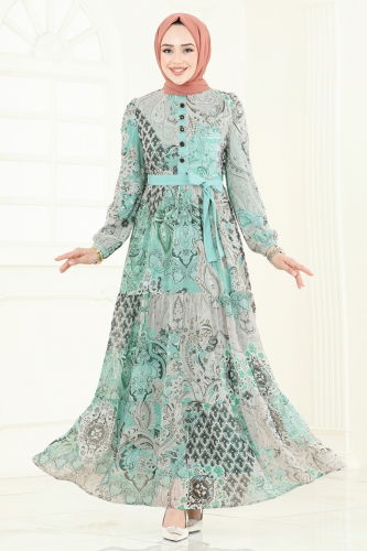 moda selvim Etnik Desen Şifon Elbise 5297AL357 Mint - Thumbnail