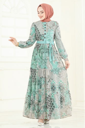 moda selvim Etnik Desen Şifon Elbise 5297AL357 Mint - Thumbnail
