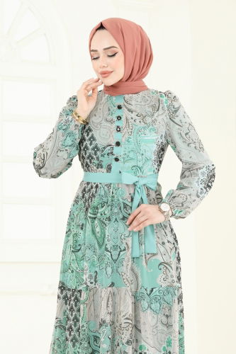 moda selvim Etnik Desen Şifon Elbise 5297AL357 Mint - Thumbnail