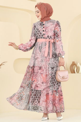 moda selvim Etnik Desen Şifon Elbise 5297AL357 Pudra - Thumbnail