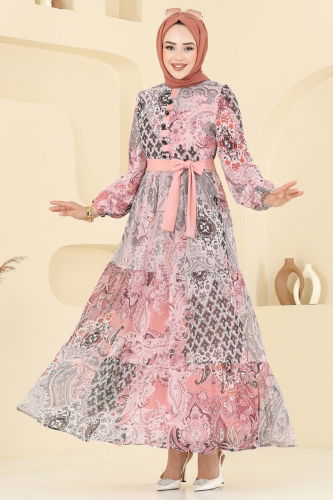 moda selvim Etnik Desen Şifon Elbise 5297AL357 Pudra - Thumbnail