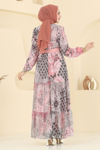 moda selvim Etnik Desen Şifon Elbise 5297AL357 Pudra - Thumbnail