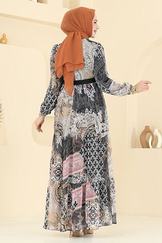 moda selvim Etnik Desen Şifon Elbise 5297AL357 Siyah - Thumbnail