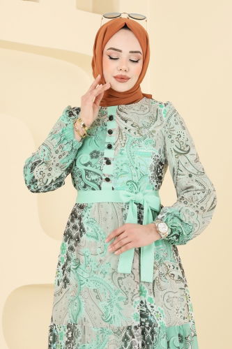moda selvim Etnik Desen Şifon Elbise 5297AL357 Su Yeşili - Thumbnail