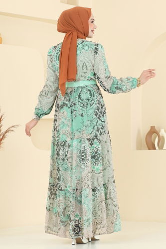moda selvim Etnik Desen Şifon Elbise 5297AL357 Su Yeşili - Thumbnail