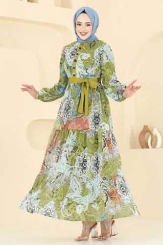 moda selvim Etnik Desen Şifon Elbise 5297AL357 Yağ Yeşili - Thumbnail