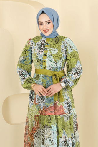 moda selvim Etnik Desen Şifon Elbise 5297AL357 Yağ Yeşili - Thumbnail