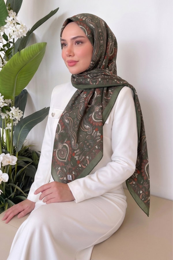 Modaselvim Eşarp Etnik Desen Soft Eşarp 219MDI1081 Haki