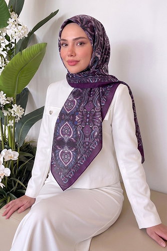 moda selvim Etnik Desen Soft Eşarp 219MDI1081 Mor - Thumbnail