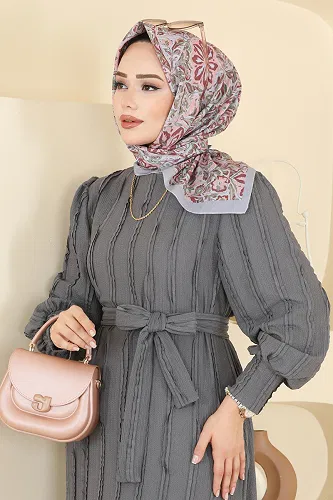 moda selvim Etnik Desen Soft Eşarp Serisi 505ERB1087 Gri - Thumbnail