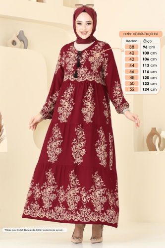 moda selvim Etnik Desen Tesettür Elbise 4081ZNN863 Bordo - Thumbnail
