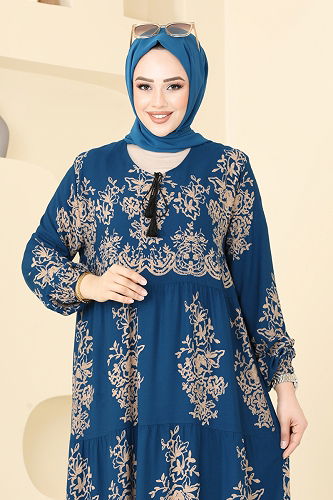 moda selvim Etnik Desen Tesettür Elbise 4081ZNN863 Petrol - Thumbnail