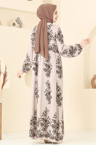 moda selvim Etnik Desen Tesettür Elbise 4081ZNN863 Taş - Thumbnail