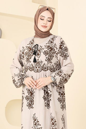 moda selvim Etnik Desen Tesettür Elbise 4081ZNN863 Taş - Thumbnail