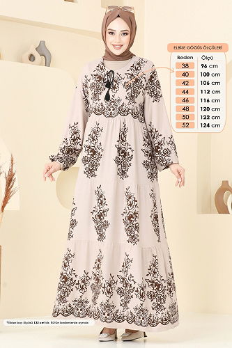 moda selvim Etnik Desen Tesettür Elbise 4081ZNN863 Taş - Thumbnail