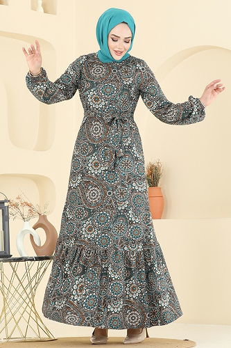 moda selvim Etnik Desen Tesettür Elbise 4128PM271 Desen 1 Zümrüt - Thumbnail
