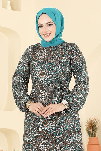 moda selvim Etnik Desen Tesettür Elbise 4128PM271 Desen 1 Zümrüt - Thumbnail