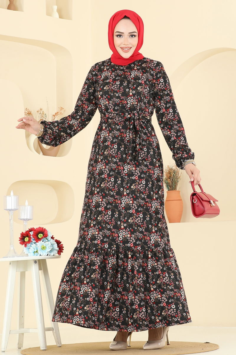 Etnik Desen Tesettür Elbise 4128PM271 Desen 2 Siyah