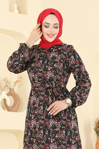 moda selvim Etnik Desen Tesettür Elbise 4128PM271 Desen 2 Siyah - Thumbnail