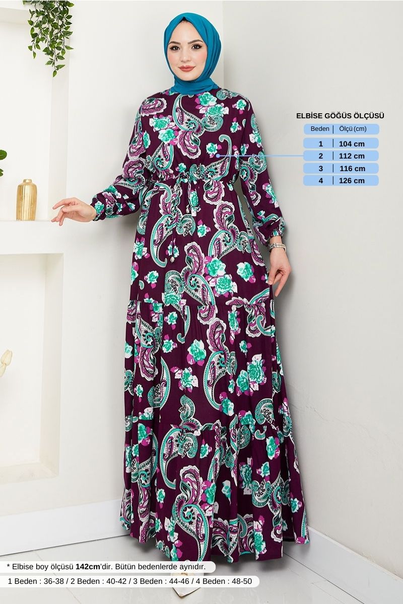 Etnik Desen Tesettür Elbise 823OZR1047-M Mürdüm