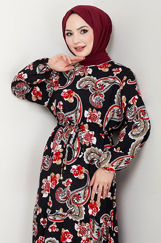moda selvim Etnik Desen Tesettür Elbise 823OZR1047-M Siyah - Thumbnail