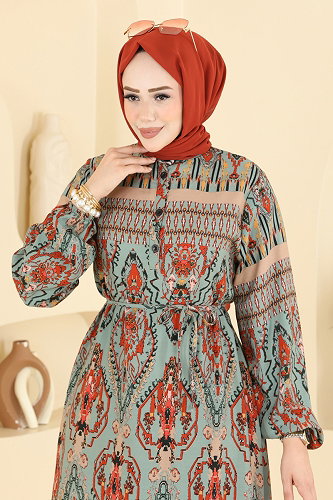moda selvim Etnik Desen Viskon Elbise 186NZRK1200 Mint - Thumbnail