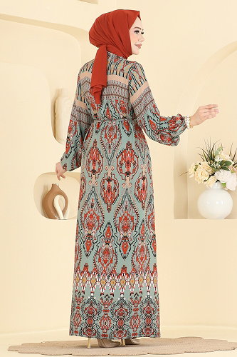 moda selvim Etnik Desen Viskon Elbise 186NZRK1200 Mint - Thumbnail