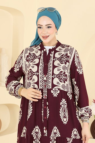 moda selvim Etnik Desen Viskon Elbise 5593ZNNK1102 Bordo - Thumbnail