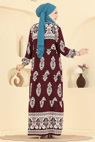 moda selvim Etnik Desen Viskon Elbise 5593ZNNK1102 Bordo - Thumbnail